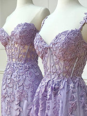 Best Prom Dress, Long Purple Lace Prom Dresses,Unique A Line Formal Evening Dress