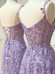 Dress To Wear To A Wedding, Long Purple Lace Prom Dresses,Unique A Line Formal Evening Dress