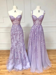 Mermaid Prom Dress, Long Purple Lace Prom Dresses,Unique A Line Formal Evening Dress