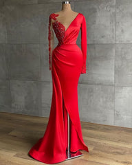 Homecoming Dresses Websites, Long Red Satin Evening Dresses, Sheer Neckline Long Sleeve Beaded African High Slit Women Formal Prom Dress