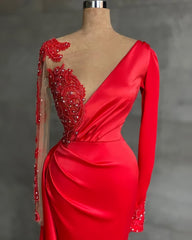 Homecoming Dress Websites, Long Red Satin Evening Dresses, Sheer Neckline Long Sleeve Beaded African High Slit Women Formal Prom Dress