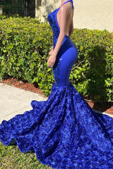 Formal Dresses Vintage, Long Royal Blue Mermaid Prom Dresses V Neck Open Backs