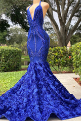 Formal Dresses 2026, Long Royal Blue Mermaid Prom Dresses V Neck Open Backs