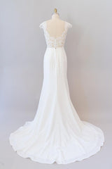 Wedding Dress And Shoes, Long Sheath  Illusion Lace Wedding Dress with Cap Sleeve