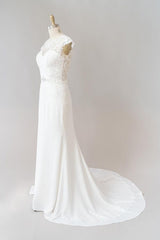 Wedding Dresses For Bridesmaid, Long Sheath  Illusion Lace Wedding Dress with Cap Sleeve