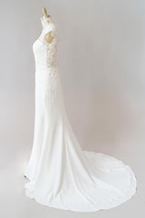 Wedding Dress For Bridesmaid, Long Sheath  Illusion Lace Wedding Dress with Cap Sleeve