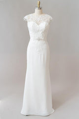 Wedding Dress And Shoe, Long Sheath  Illusion Lace Wedding Dress with Cap Sleeve