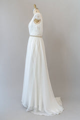 Wedding Dresses Colored, Long Sheath V-neck Lace Chiffon Wedding Dress with Cap Sleeves