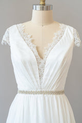 Wedding Dresses Fashion, Long Sheath V-neck Lace Chiffon Wedding Dress with Cap Sleeves