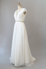 Wedding Dress Colorful, Long Sheath V-neck Lace Chiffon Wedding Dress with Cap Sleeves