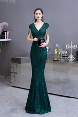 Long Dress Outfit, Long Sleeve V Neck Lace Prom Dresses Thin Cap Sleeve