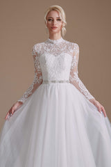 Wedding Dress Fittings, Long Sleeves High Neck with Tulle Train Full A-Line Wedding Dresses
