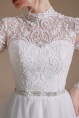 Wedding Dress Fitting, Long Sleeves High Neck with Tulle Train Full A-Line Wedding Dresses