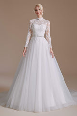 Wedding Dress Boutiques, Long Sleeves High Neck with Tulle Train Full A-Line Wedding Dresses