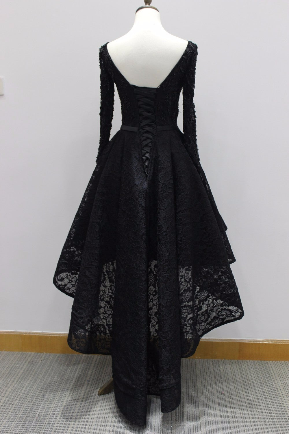 Prom Dress Uk, Long Sleeves Lace High Low Party Dress , Beaded Black Evening Dress
