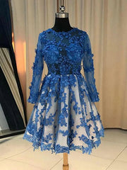 Party Dress Sale, Long Sleeves Short Blue Lace Prom Dresses, Short Blue Lace Formal Homecoming Graduation Dresses