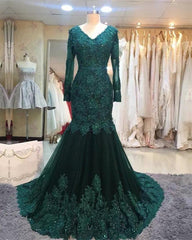 Bachelorette Party Outfit, Long Sleeves V-neck Lace Prom Mermaid Dresses,Women Evening Dress