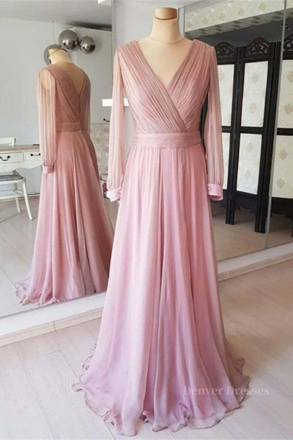 Party Dress Over 80, Long Sleeves V Neck Pink Chiffon Long Prom Dress, Long Sleeves Pink Bridesmaid Dress, Pink Formal Evening Dress