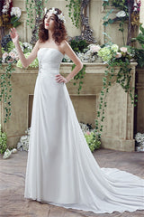 Wedding Dress Lace Simple, Long Sweetheart A-line White Chiffon Wedding Dresses with Slit