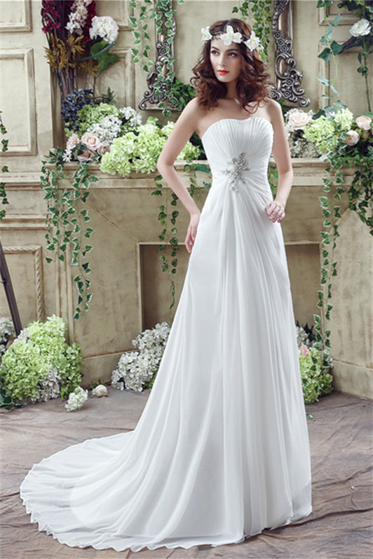 Wedding Dresses For Bride Boho, Long Sweetheart A-line White Chiffon Wedding Dresses with Slit