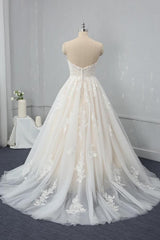 Wedding Dressing Gowns, Long Sweetheart Backless Appliques Lace Tulle A-Line Wedding Dress