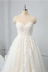 Wedding Dressing Gown, Long Sweetheart Backless Appliques Lace Tulle A-Line Wedding Dress
