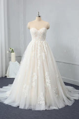 Wedding Dresses Gown, Long Sweetheart Backless Appliques Lace Tulle A-Line Wedding Dress
