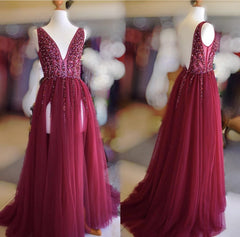Wedding Color, Long Tulle V-neck Prom Dresses Sequin Beaded Evening Gowns
