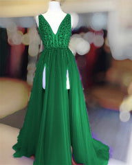Winter Formal Dress, Long Tulle V-neck Prom Dresses Sequin Beaded Evening Gowns