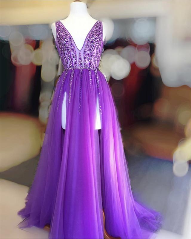 Wedding Theme, Long Tulle V-neck Prom Dresses Sequin Beaded Evening Gowns