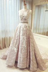 Elegant Dress For Women, Gorgeous Round Neck Sleeveless Lace Prom Dresses Sweep Train with Appliques