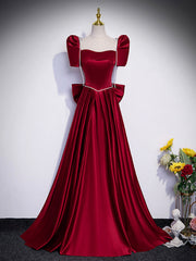 Party Dress Trends, Beautiful Satin Floor Length Prom Dress with Bowknot, Burgundy Short Sleeve Evening Dress