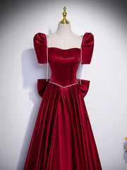 Party Dresses Ladies, Beautiful Satin Floor Length Prom Dress with Bowknot, Burgundy Short Sleeve Evening Dress
