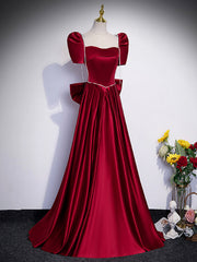 Party Dresses Long Dress, Beautiful Satin Floor Length Prom Dress with Bowknot, Burgundy Short Sleeve Evening Dress