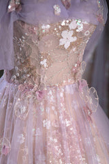 Bridesmaid Dresses Floral, Lovely A-Line Off the Shoulder Sequins Prom Dress, Purple Tulle Corset Floor Length Evening Dress