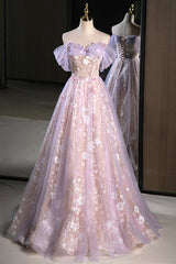Wedding Bouquet, Lovely A-Line Off the Shoulder Sequins Prom Dress, Purple Tulle Corset Floor Length Evening Dress