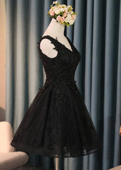 Prom Dresses Suits Ideas, Lovely Black Lace V-neckline Short Homecoming Dress, Black Party Dress