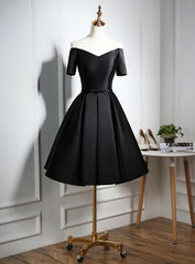 Prom Dress With Sleeve, Lovely Black Satin Short Prom Dress, Black Party Dress