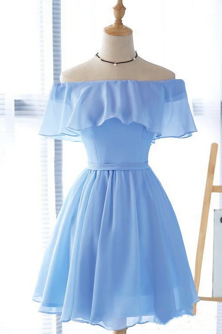 Prom Dress Piece, Lovely Blue Short Chiffon Off Shoulder Party Dress, A-line Prom Dress