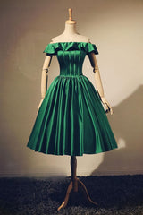Prom Dresses Sleeve, Lovely Green Satin Off Shoulder Knee Length Homecoming Dress, Short Prom Dress