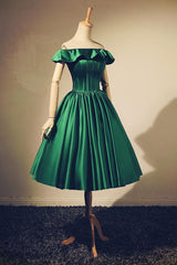 Prom Dress Sleeves, Lovely Green Satin Off Shoulder Knee Length Homecoming Dress, Short Prom Dress
