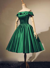 Prom Dresses Sleeves, Lovely Green Satin Off Shoulder Knee Length Homecoming Dress, Short Prom Dress