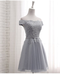 Bridesmaides Dresses Summer, Lovely Grey Short Tulle Party Dress with Lace Applique, Bridesmaid Dresses  Cute Formal Dress