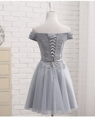 Bridesmaid Dress Green, Lovely Grey Short Tulle Party Dress with Lace Applique, Bridesmaid Dresses  Cute Formal Dress