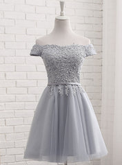 Bridesmaid Dress Summer, Lovely Grey Short Tulle Party Dress with Lace Applique, Bridesmaid Dresses  Cute Formal Dress