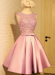 Unique Prom Dress, Lovely Pink Satin and Lace Homecoming Dress, Lovely Formal Dress
