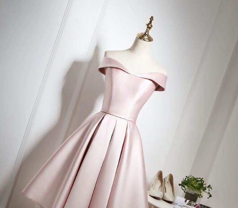Mini Dress, Lovely Pink Satin Off Shoulder Knee Length Formal Dress, Homecoming Dress