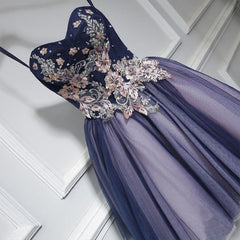 Prom Dress Long With Slit, Lovely Purple-Blue Knee Length Flowers Sweetheart Homecoming Dress, Short Prom Dress