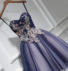 Prom Dresses Long With Slit, Lovely Purple-Blue Knee Length Flowers Sweetheart Homecoming Dress, Short Prom Dress
