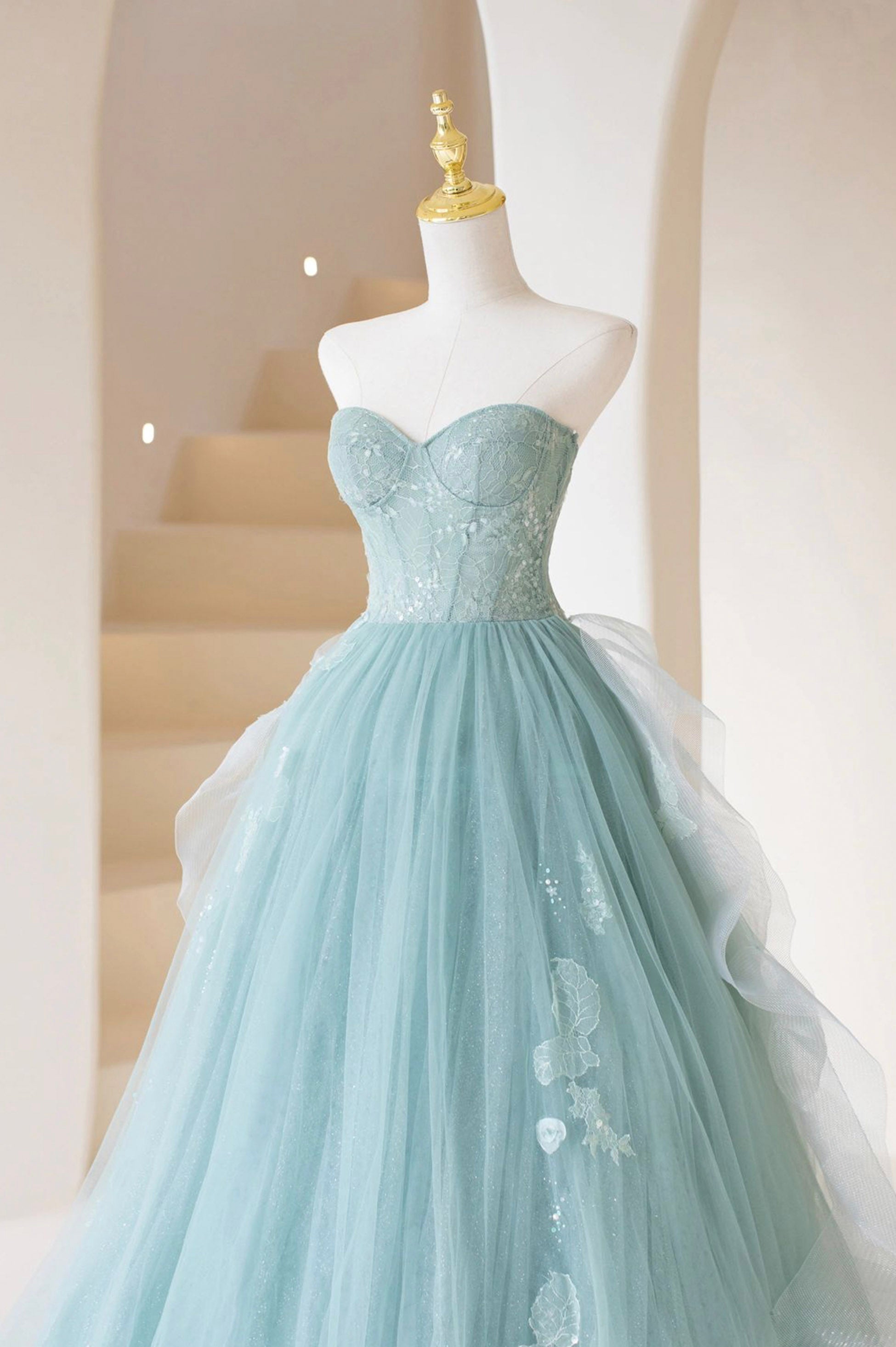 Prom Dresses Ball Gown Elegant, Lovely Sweetheart Neckline Tulle Long Prom Dress with Lace, Strapless Evening Dress